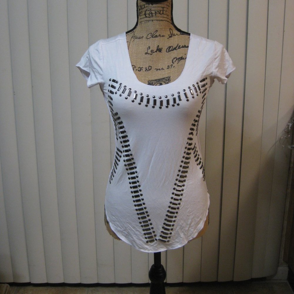 bebe White Short Sleeve Scoop Neck Tee with Black Studded Detail